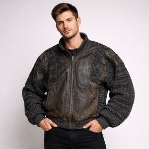 Men's Stonewashed Brown Leather & Charcoal Knit Bomber Jacket